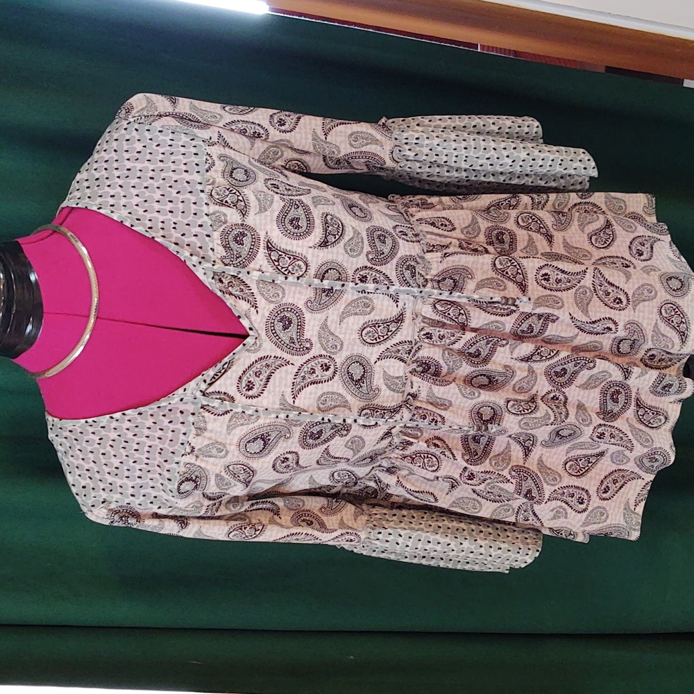 Style & Co Paisley Print Peplum 3/4  Bell Sleeve Tie Neck Blouse PS